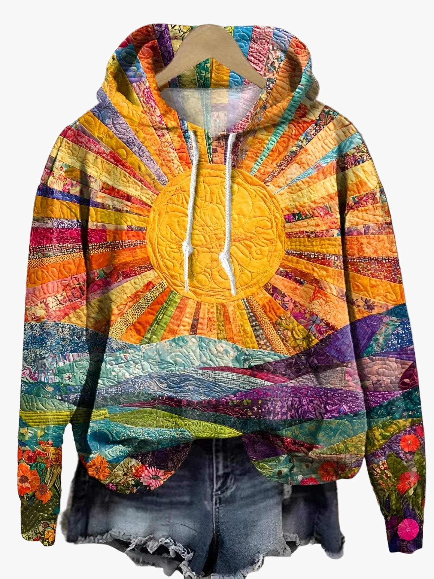 Sudadera con capucha para mujer con diseño de sol y paisaje – Estilo boho artístico para ocio y diario