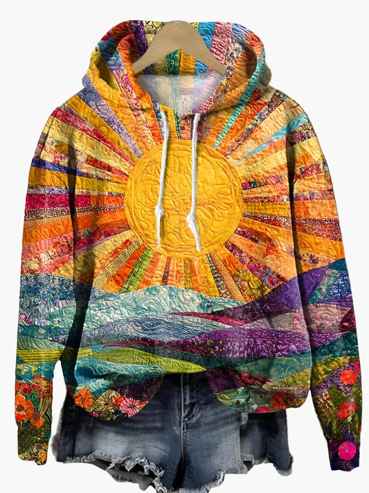 Felpa con cappuccio da donna con design di sole e paesaggio – Stile boho artistico per tempo libero e quotidiano
