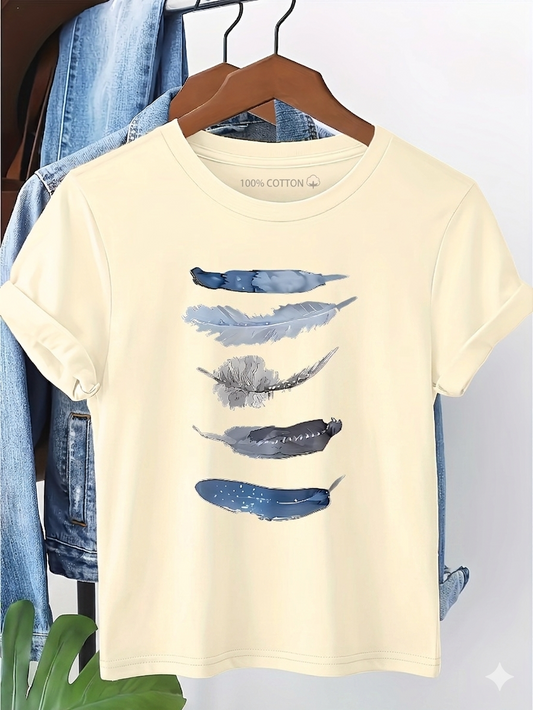 Dames T-shirt met artistieke veerprint, casual, modieus, ideaal voor lente & zomer