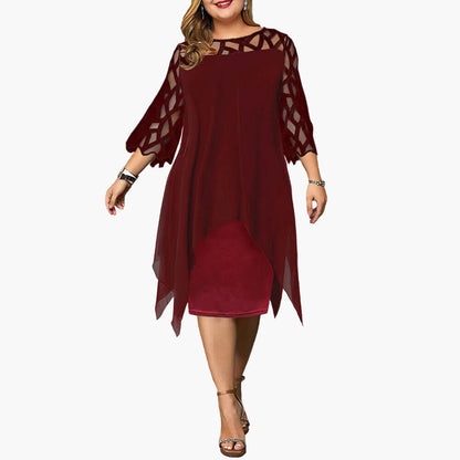 Abito midi plus size da donna – Abito da sera elegante con dettagli in pizzo e orlo asimmetrico, festivo e moderno