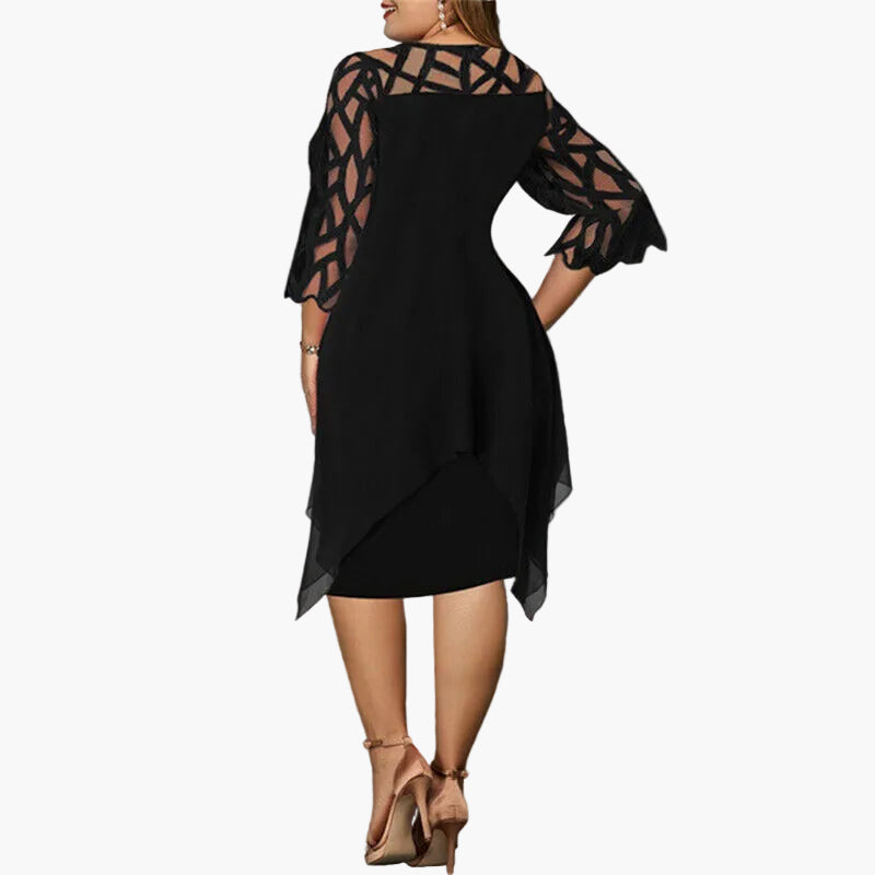 Abito midi plus size da donna – Abito da sera elegante con dettagli in pizzo e orlo asimmetrico, festivo e moderno