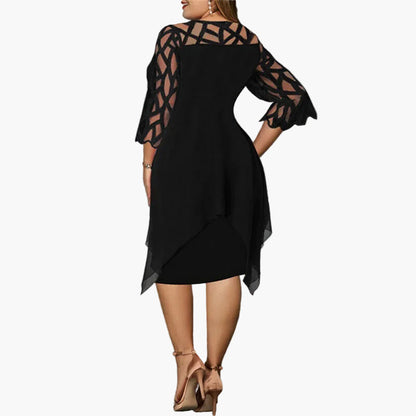 Abito midi plus size da donna – Abito da sera elegante con dettagli in pizzo e orlo asimmetrico, festivo e moderno