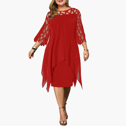Abito midi plus size da donna – Abito da sera elegante con dettagli in pizzo e orlo asimmetrico, festivo e moderno