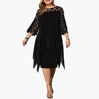 Abito midi plus size da donna – Abito da sera elegante con dettagli in pizzo e orlo asimmetrico, festivo e moderno