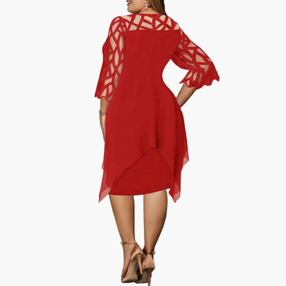 Abito midi plus size da donna – Abito da sera elegante con dettagli in pizzo e orlo asimmetrico, festivo e moderno