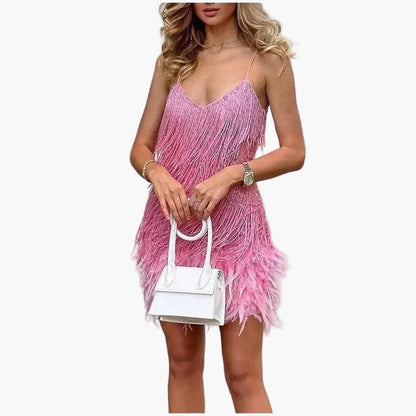 Dames feestjurk met franjes en verenversiering – Elegante avondjurk voor speciale gelegenheden
