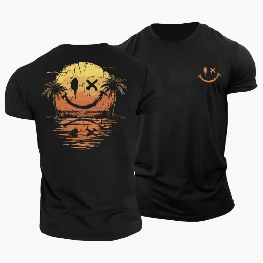 T-shirt da uomo Smiley Sunset Surfer – Streetwear estivo con palme e motivo surfista