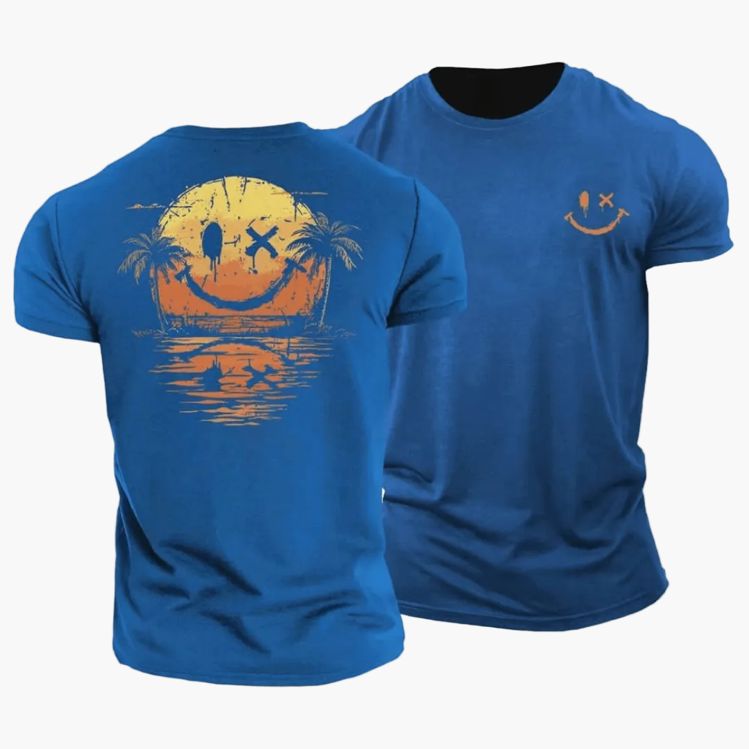 T-shirt da uomo Smiley Sunset Surfer – Streetwear estivo con palme e motivo surfista