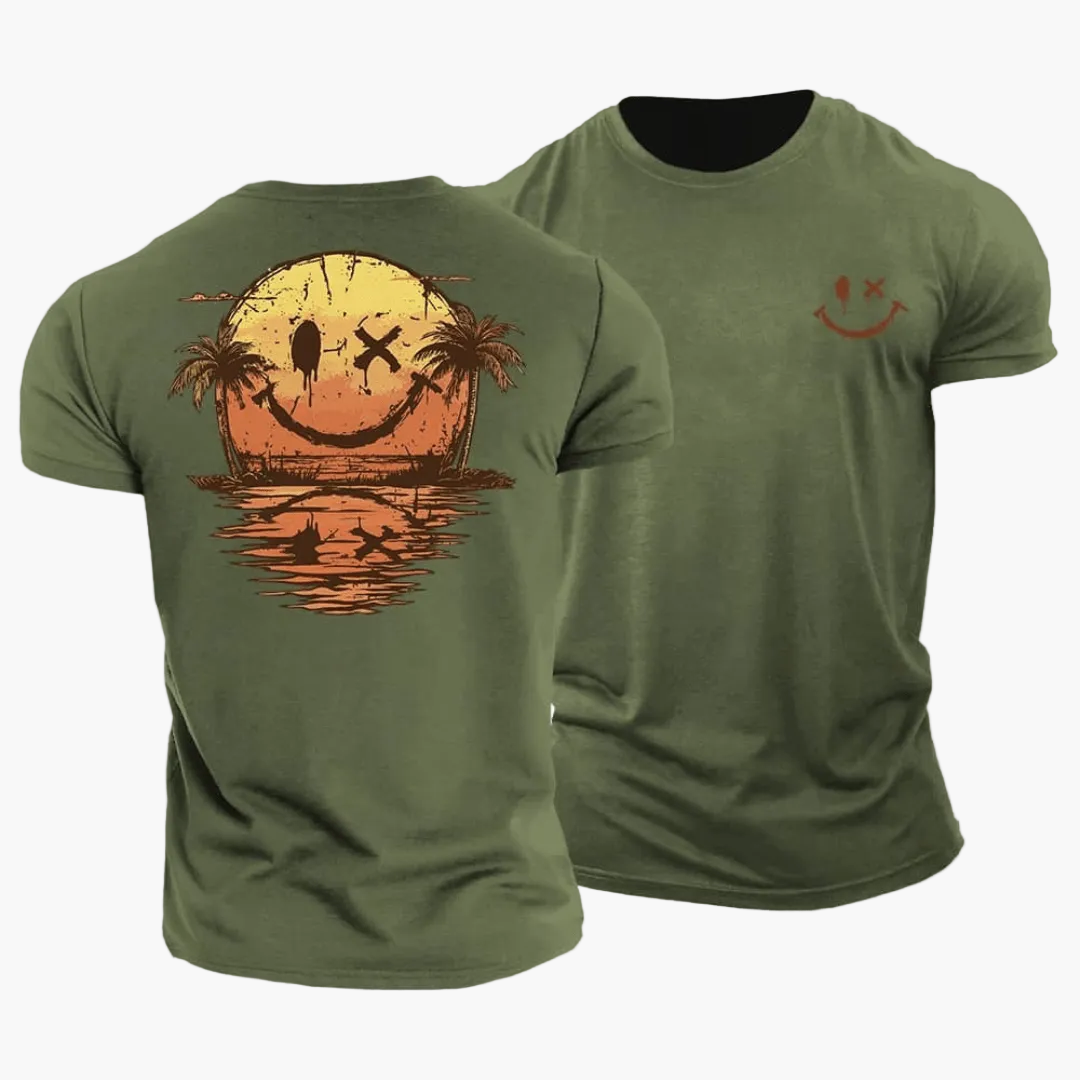 T-shirt da uomo Smiley Sunset Surfer – Streetwear estivo con palme e motivo surfista