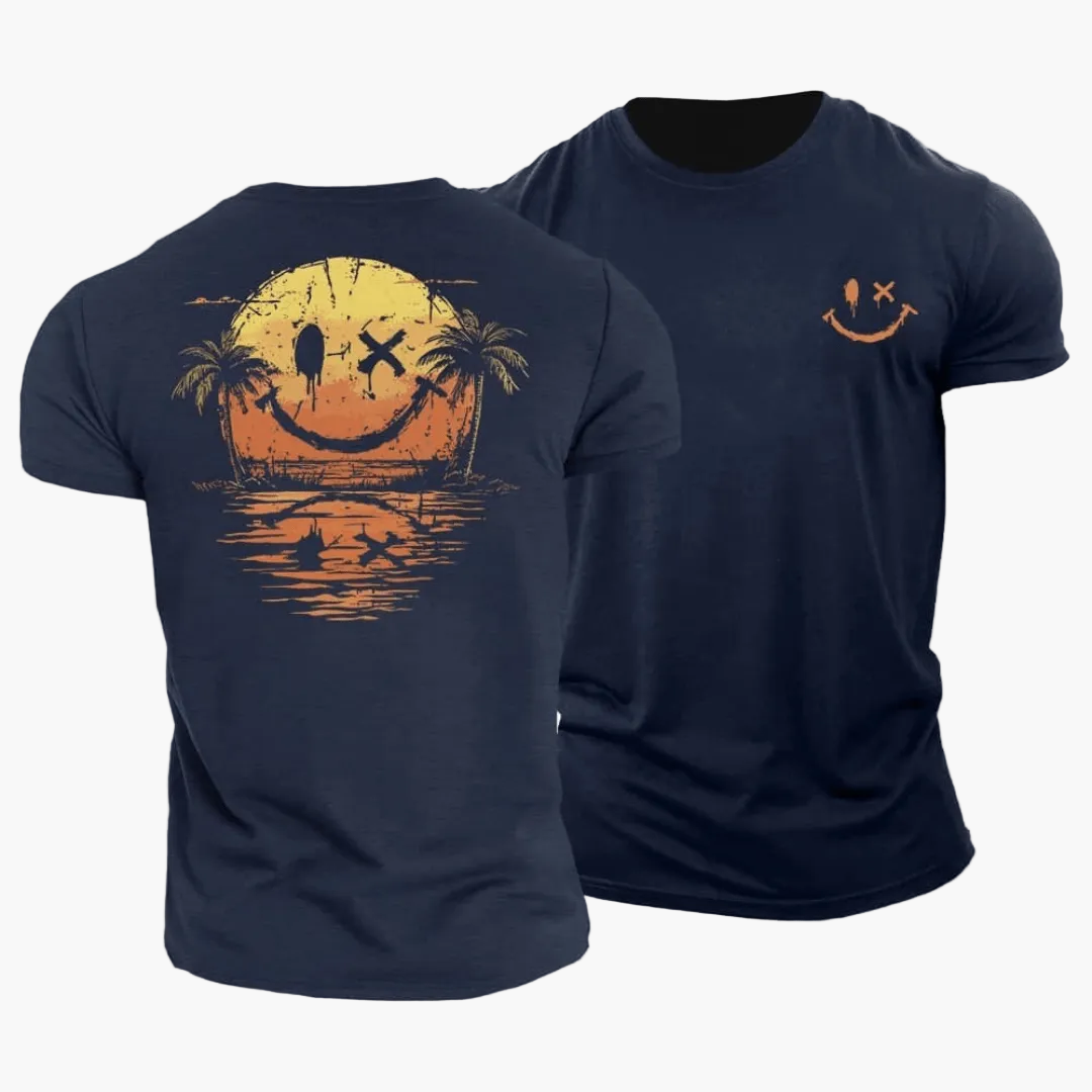 T-shirt da uomo Smiley Sunset Surfer – Streetwear estivo con palme e motivo surfista