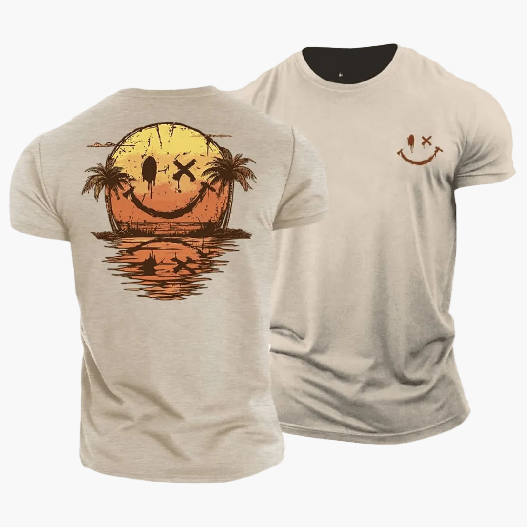 T-shirt da uomo Smiley Sunset Surfer – Streetwear estivo con palme e motivo surfista