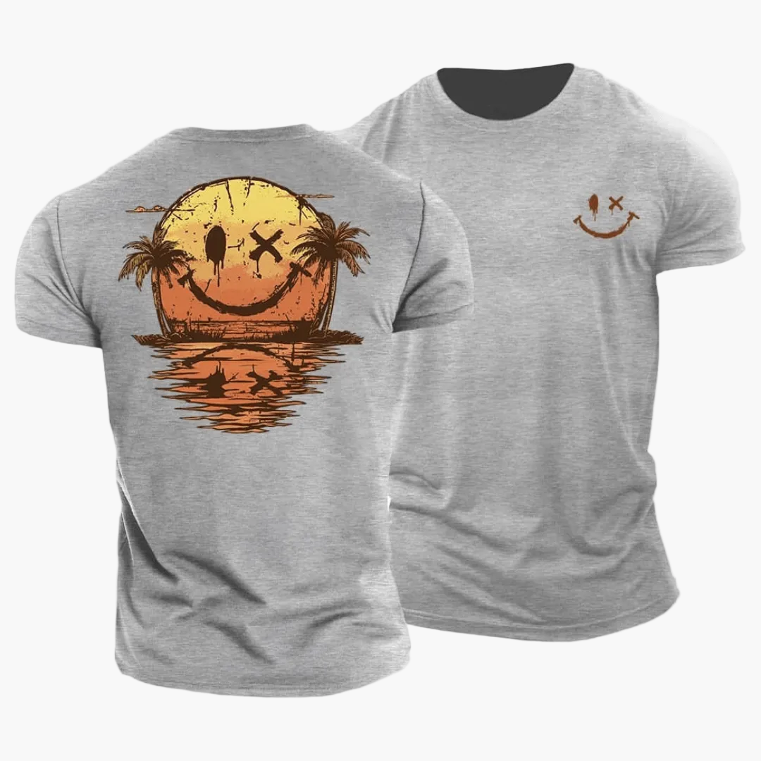 T-shirt da uomo Smiley Sunset Surfer – Streetwear estivo con palme e motivo surfista