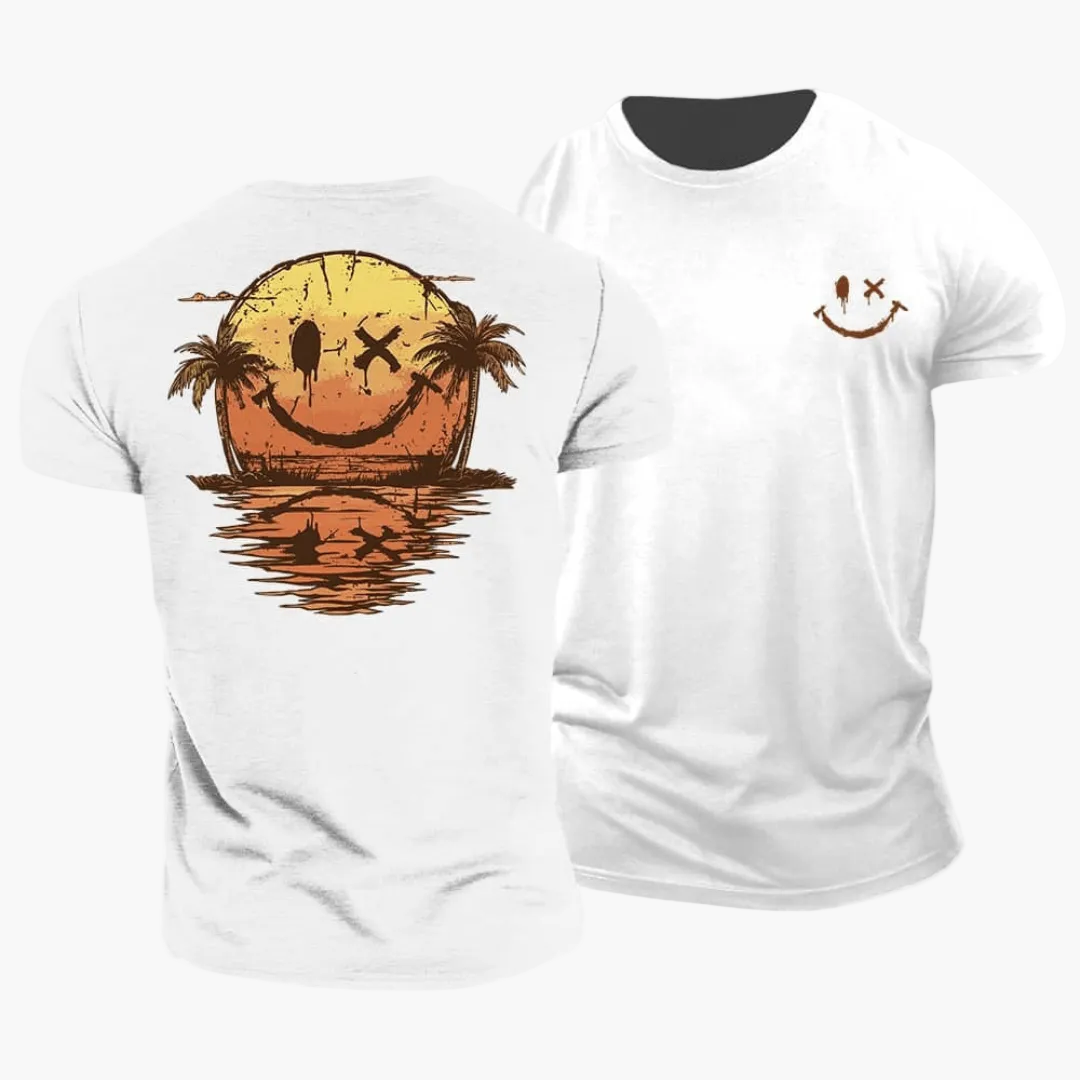 T-shirt da uomo Smiley Sunset Surfer – Streetwear estivo con palme e motivo surfista