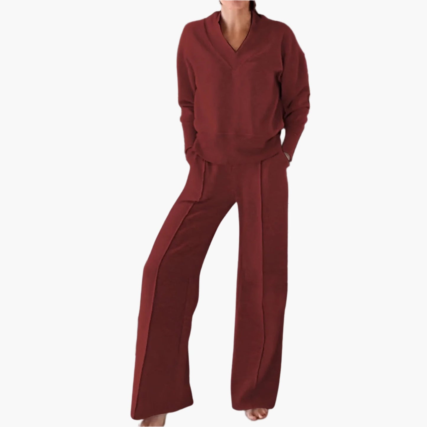 Completo Donna Due Pezzi Lounge & Sport con Scollo a V e Pantaloni a Gamba Larga – Elegante Outfit Casual