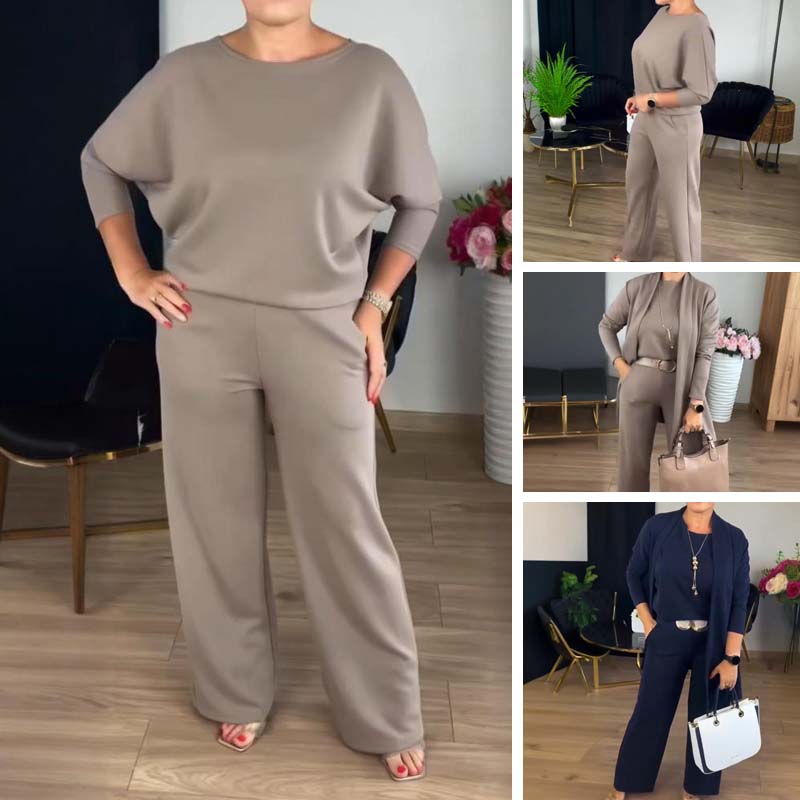Damski trzyczęściowy zestaw z kardiganem – Elegancki garnitur casualowy i biznesowy, minimalistyczny styl