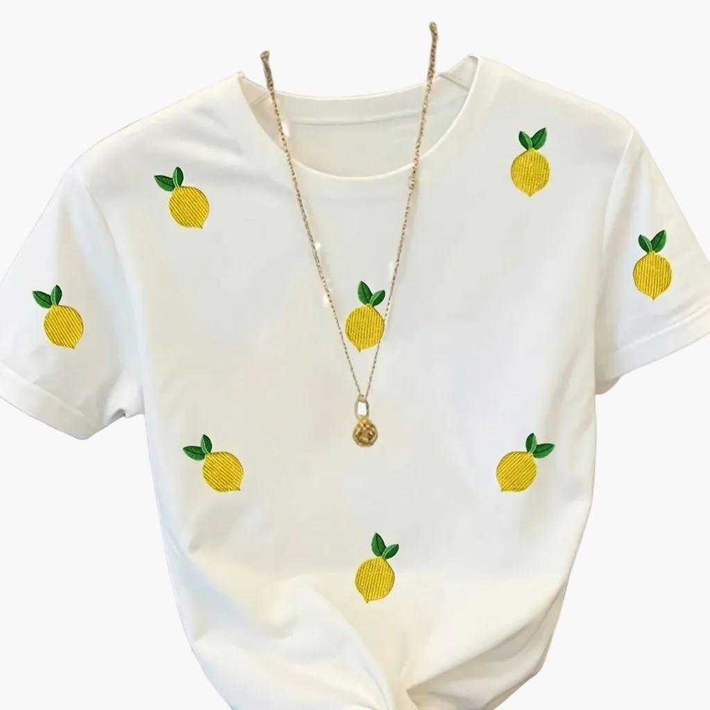 T-shirt femme avec broderie de citrons et imprimé moderne – Style décontracté, idéal pour le quotidien