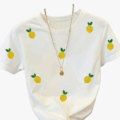 T-shirt femme avec broderie de citrons et imprimé moderne – Style décontracté, idéal pour le quotidien