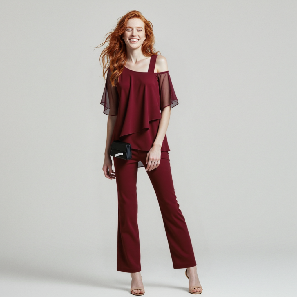 Conjunto de dos piezas elegante para mujer – Atuendo festivo con top cold-shoulder y pantalones anchos, moderno y versátil
