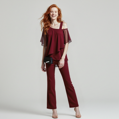 Conjunto de dos piezas elegante para mujer – Atuendo festivo con top cold-shoulder y pantalones anchos, moderno y versátil