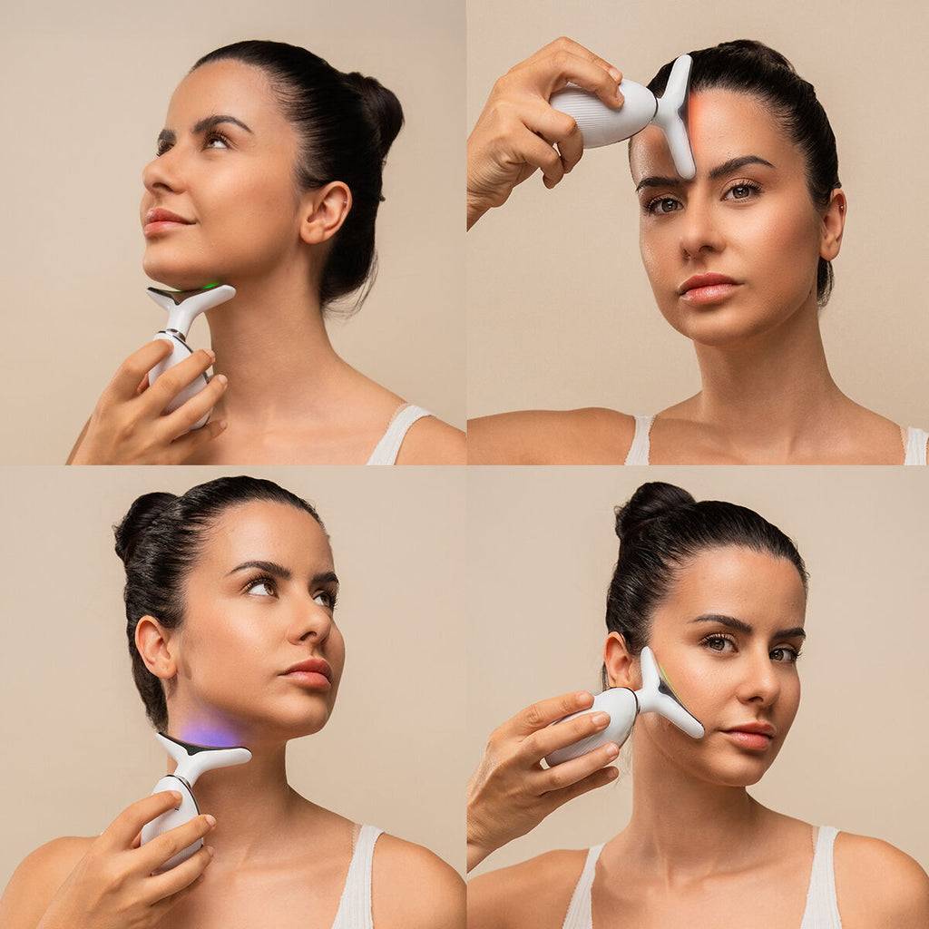 Elektrische gezichtsmassager met LED, EMS en warmte, gezicht en hals