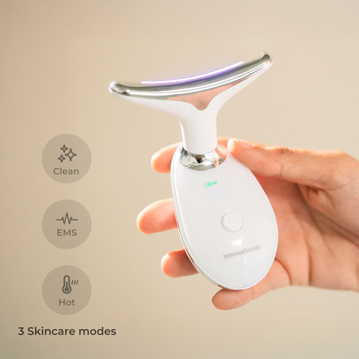 Elektrische gezichtsmassager met LED, EMS en warmte, gezicht en hals