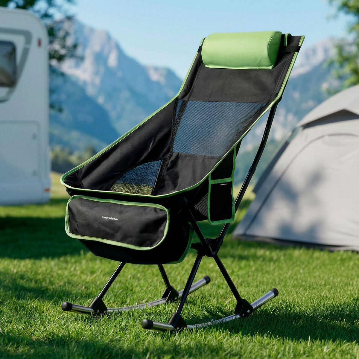 Opvouwbare campingstoel 2-in-1 schommelstoel met nekkussen en draagtas