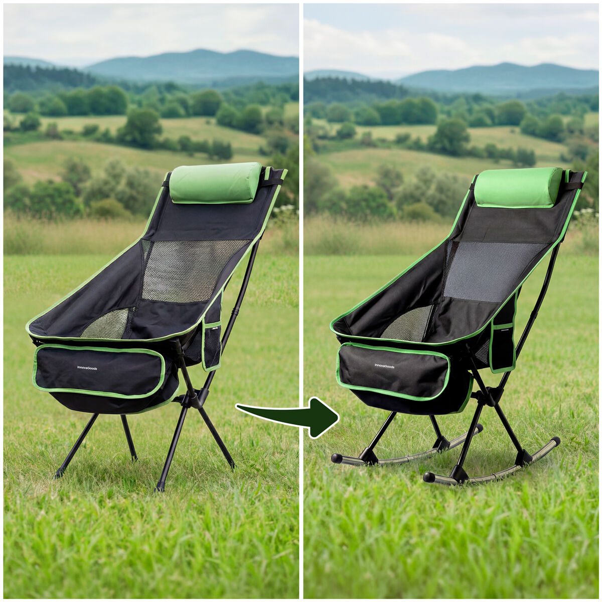 Opvouwbare campingstoel 2-in-1 schommelstoel met nekkussen en draagtas