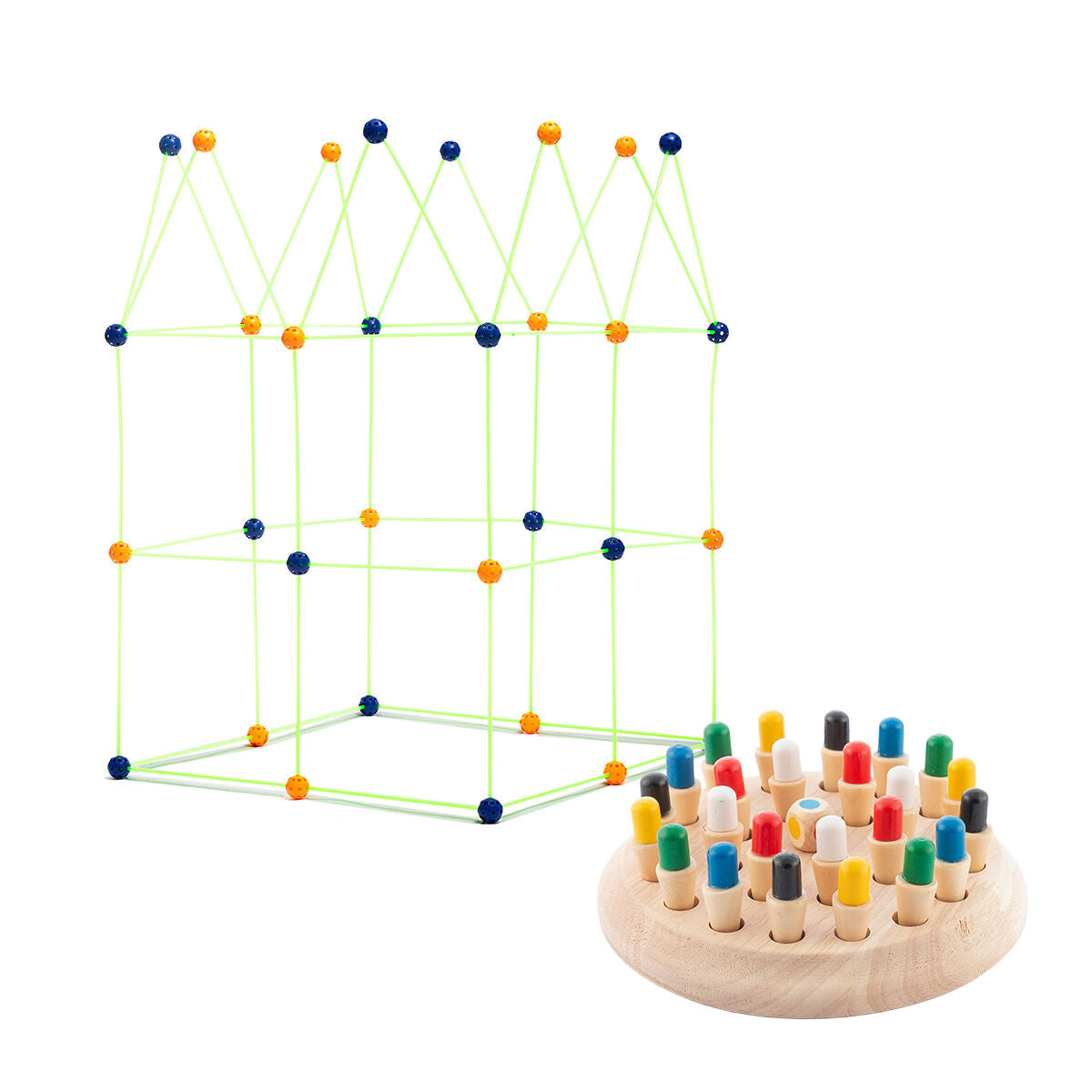 Houten memory schaakset en bouwpakket voor kinderen, 26 + 85 delen