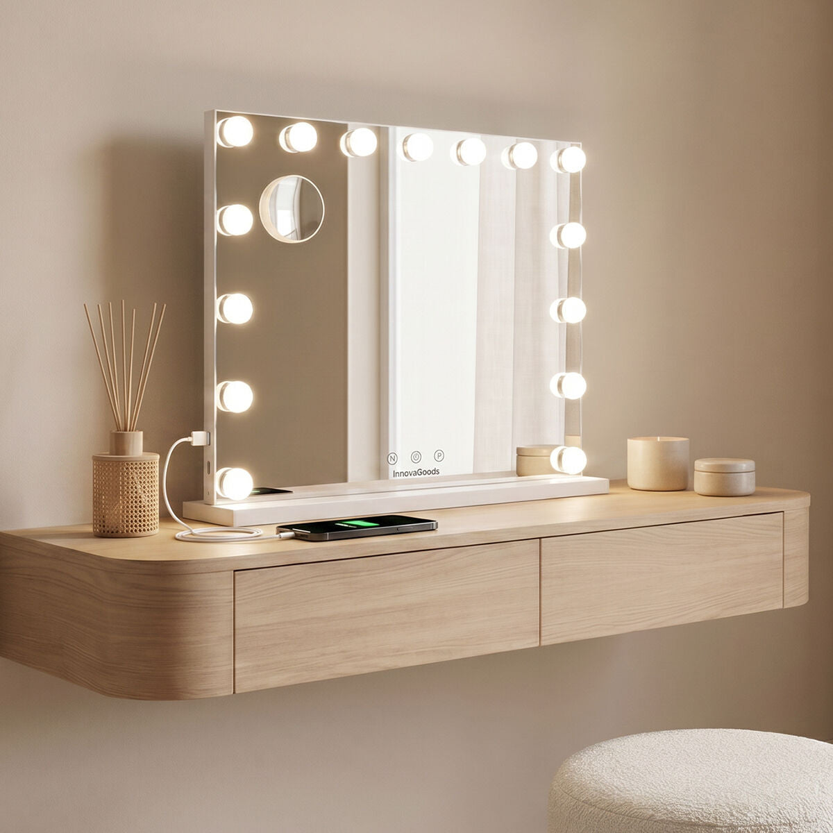 Make-upspiegel met LED-verlichting Hollywood, 15 lampen, dimbaar