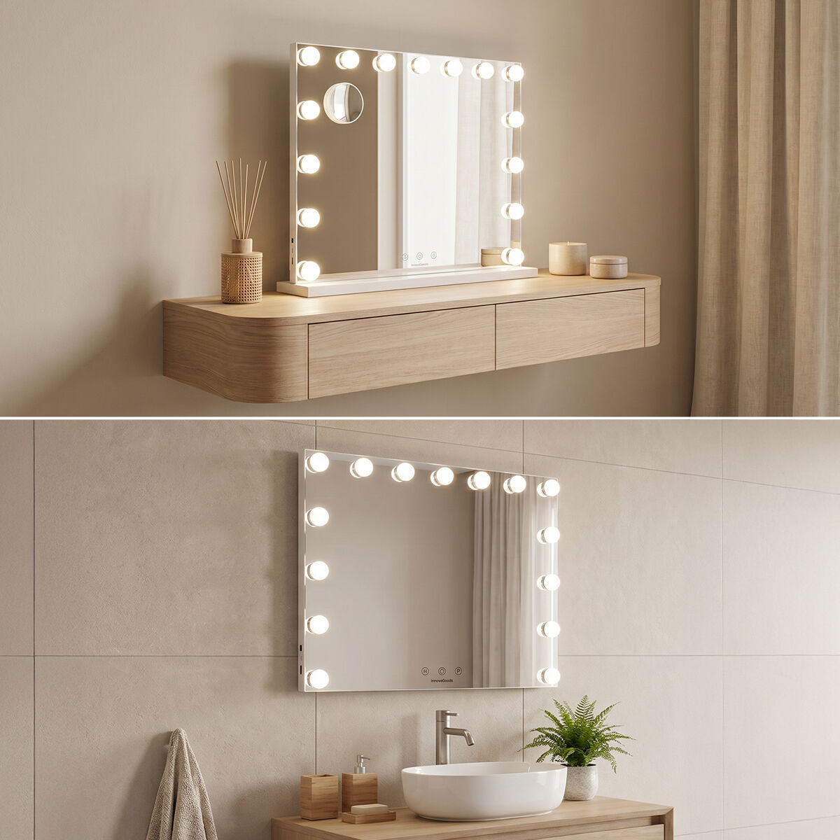 Make-upspiegel met LED-verlichting Hollywood, 15 lampen, dimbaar