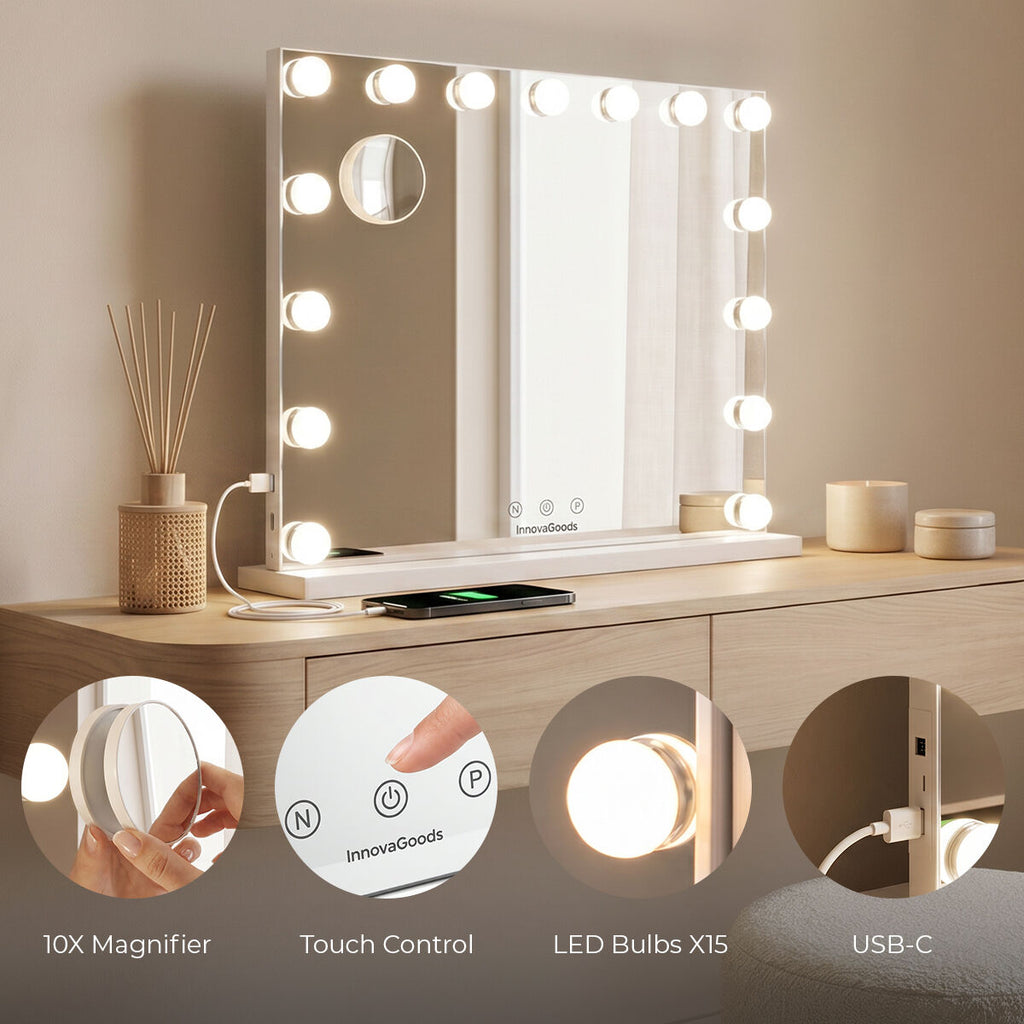 Make-upspiegel met LED-verlichting Hollywood, 15 lampen, dimbaar