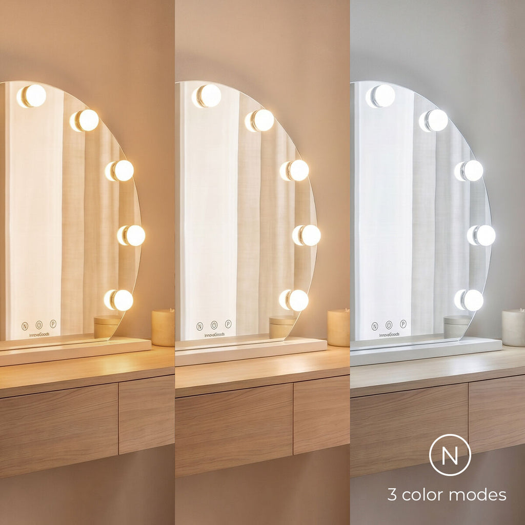 Ronde make-upspiegel met LED-verlichting, 9 lampen, 3 lichttinten, wit