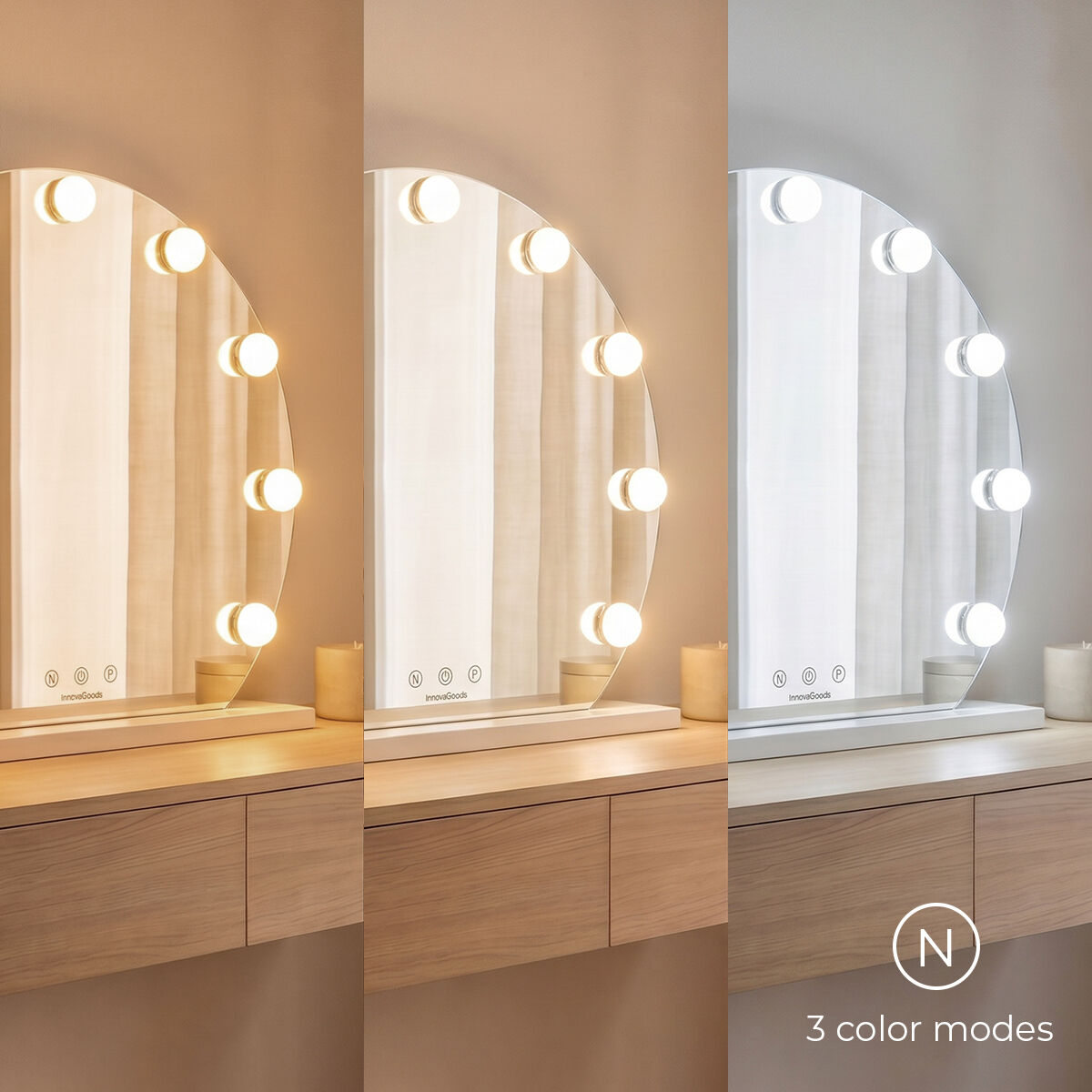 Ronde make-upspiegel met LED-verlichting, 9 lampen, 3 lichttinten, wit