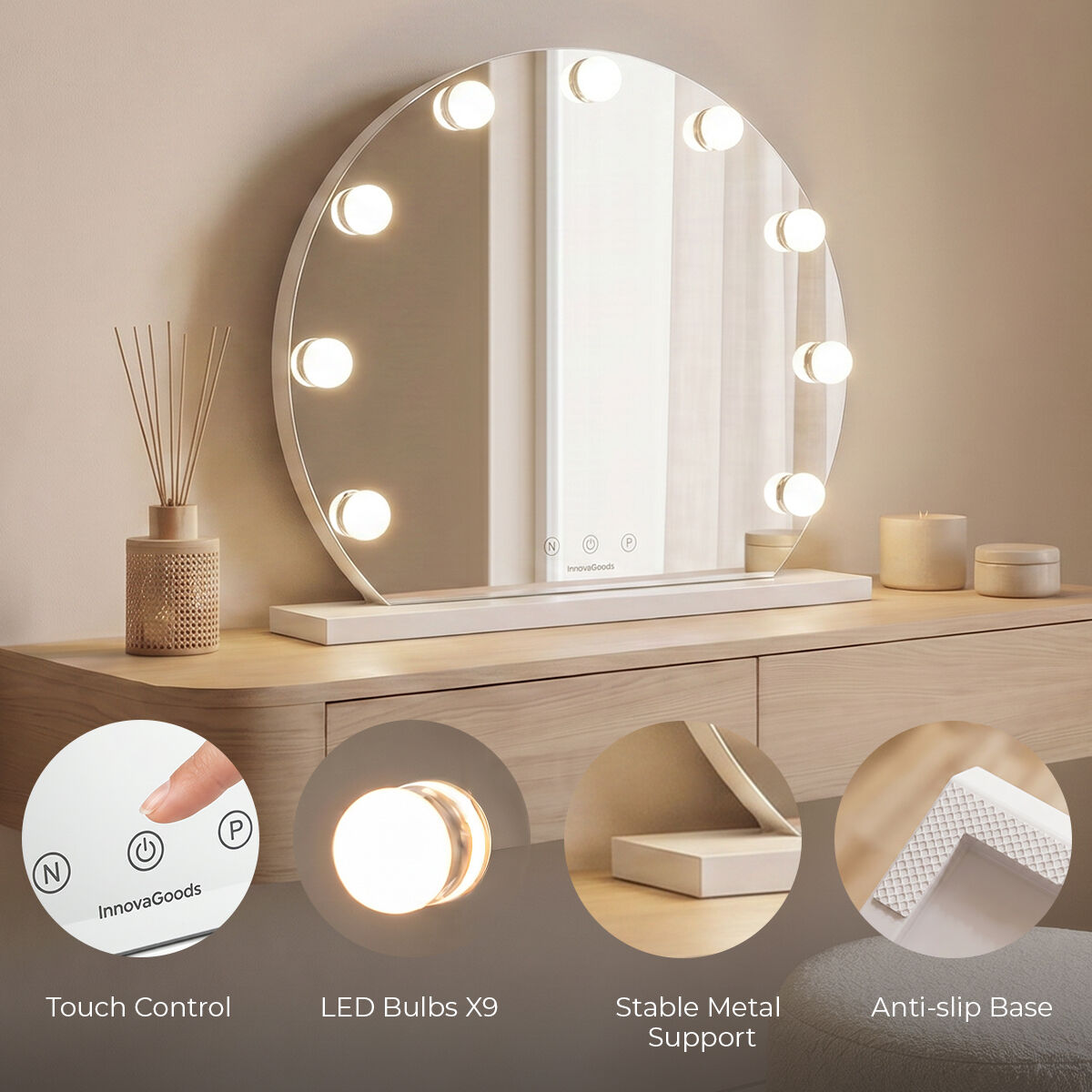 Ronde make-upspiegel met LED-verlichting, 9 lampen, 3 lichttinten, wit