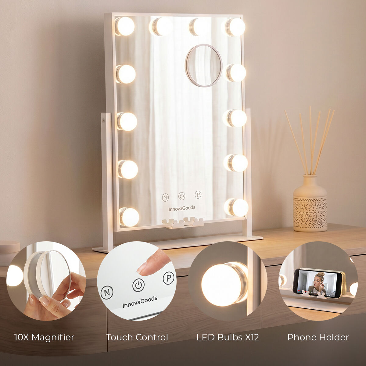 LED-kaptafelspiegel Hollywood met 12 lampen, dimbaar en kantelbaar