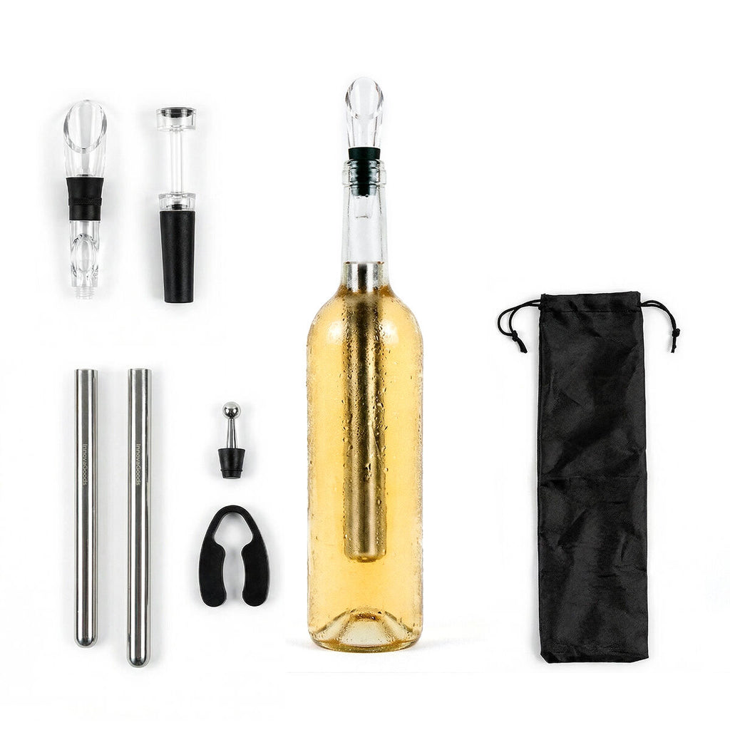 Wijnaccessoires set 7-delig met koelstaven, beluchter en draagtas
