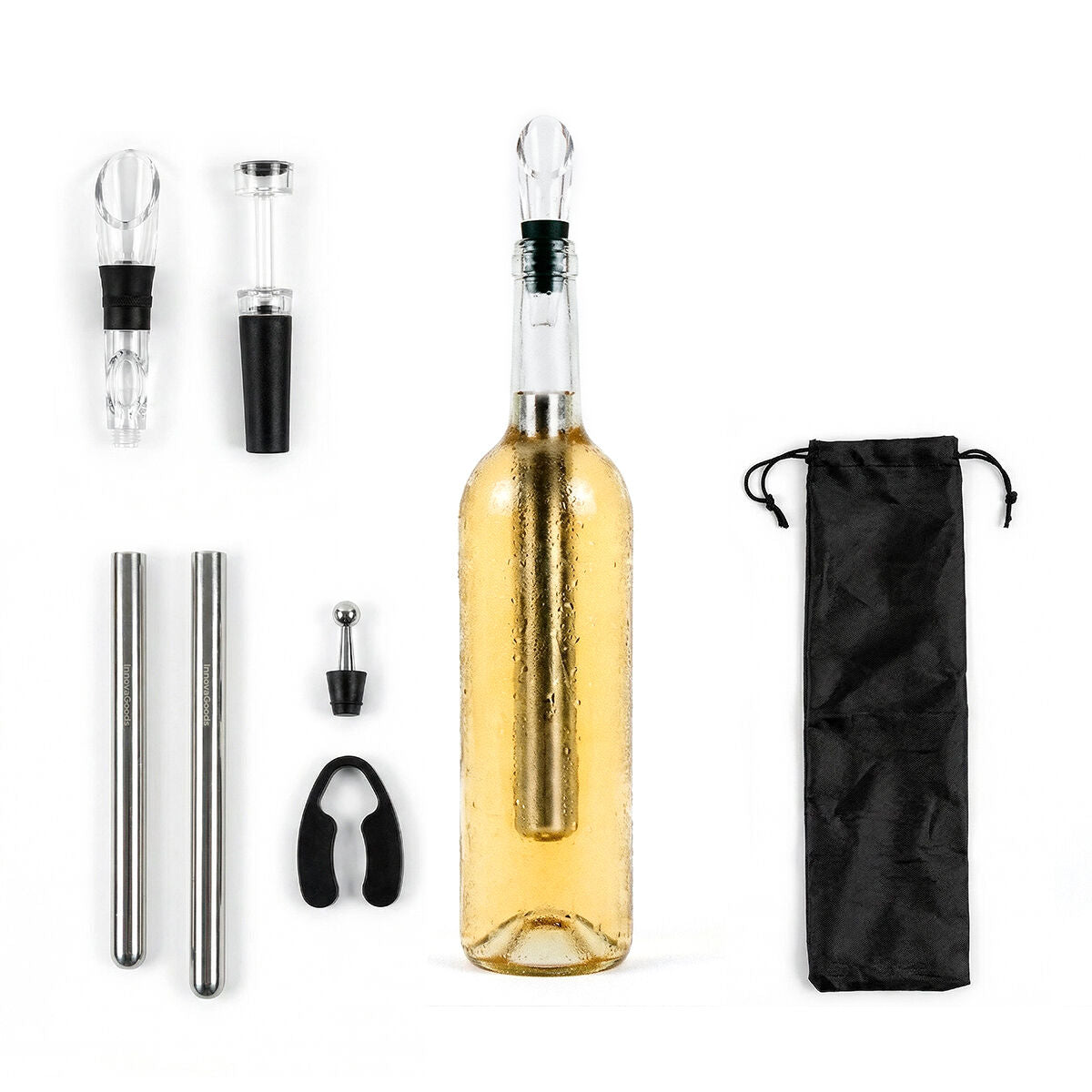 Wijnaccessoires set 7-delig met koelstaven, beluchter en draagtas
