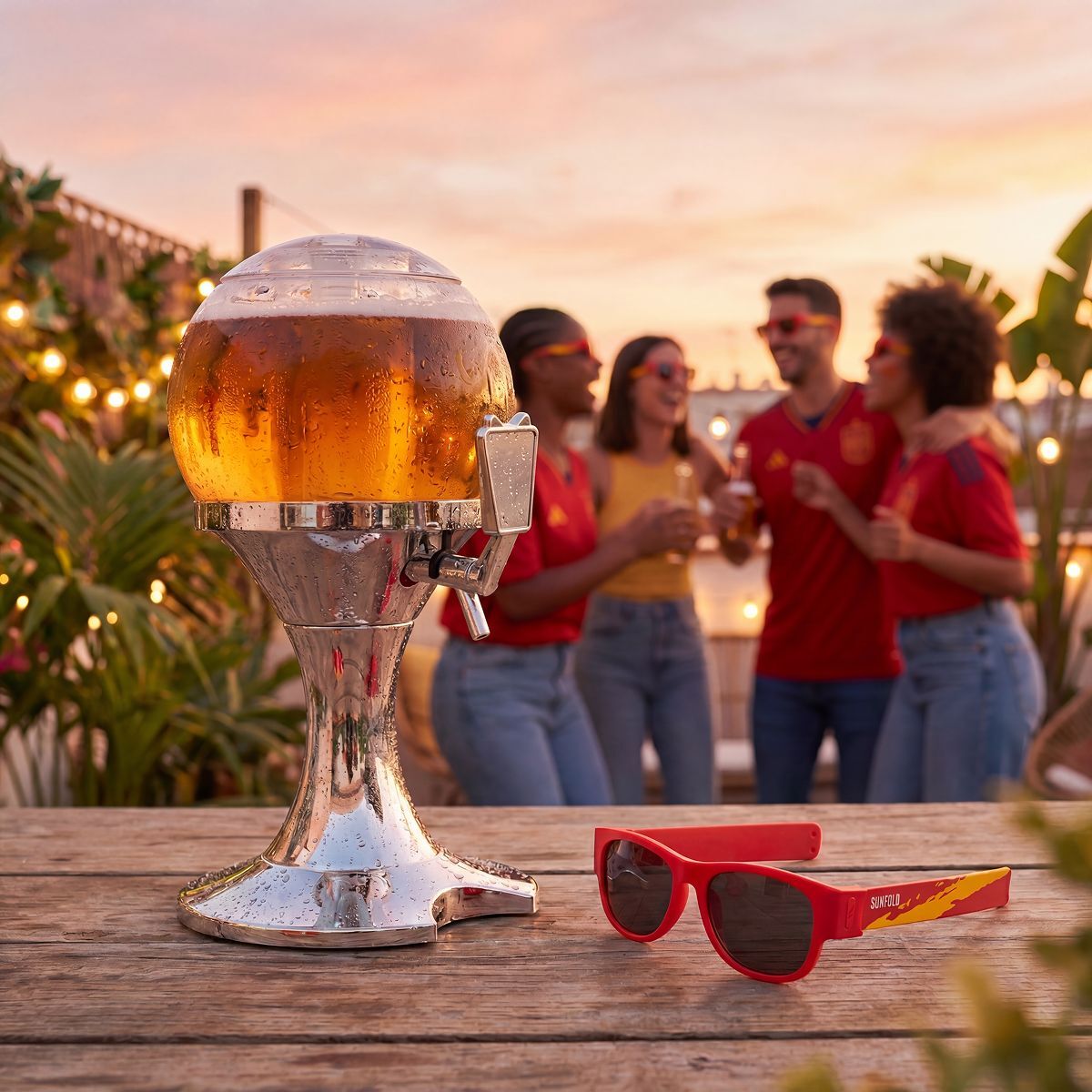 Bierdispenser met koeling 3,5 liter inclusief 2 opvouwbare zonnebrillen rood