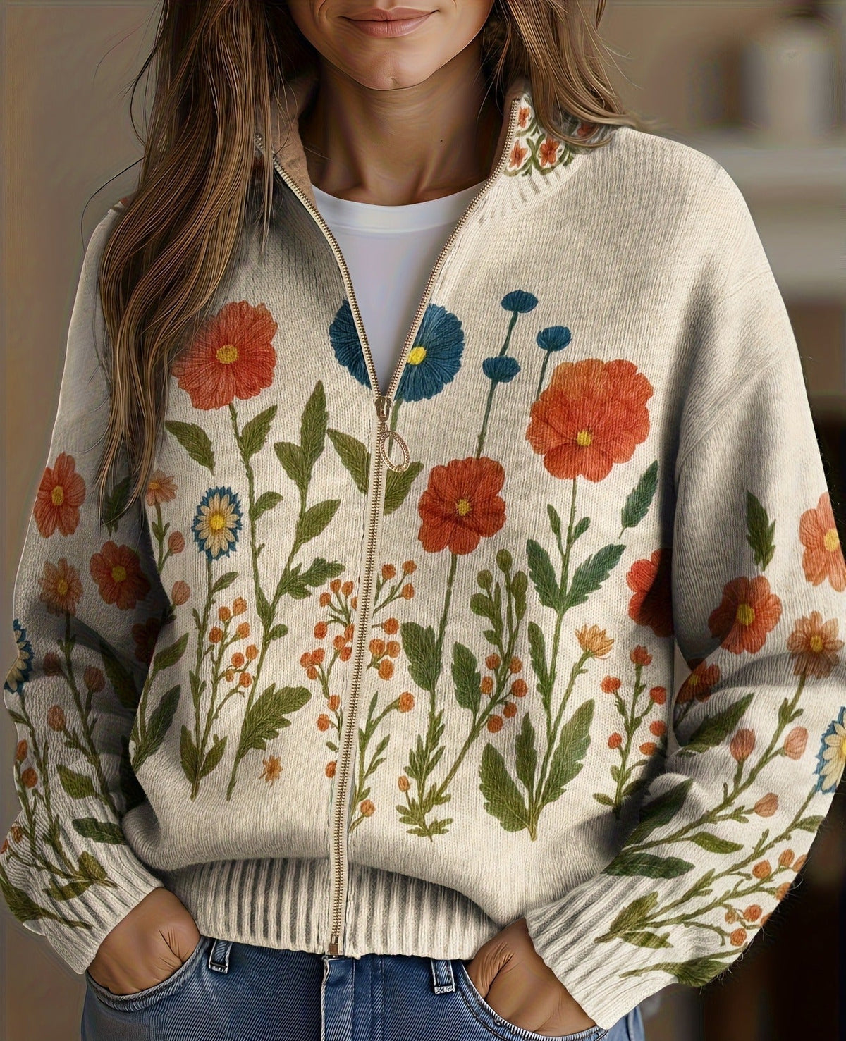 Wrenna | Vest voor dames met bloemenmotief, rits en zakken